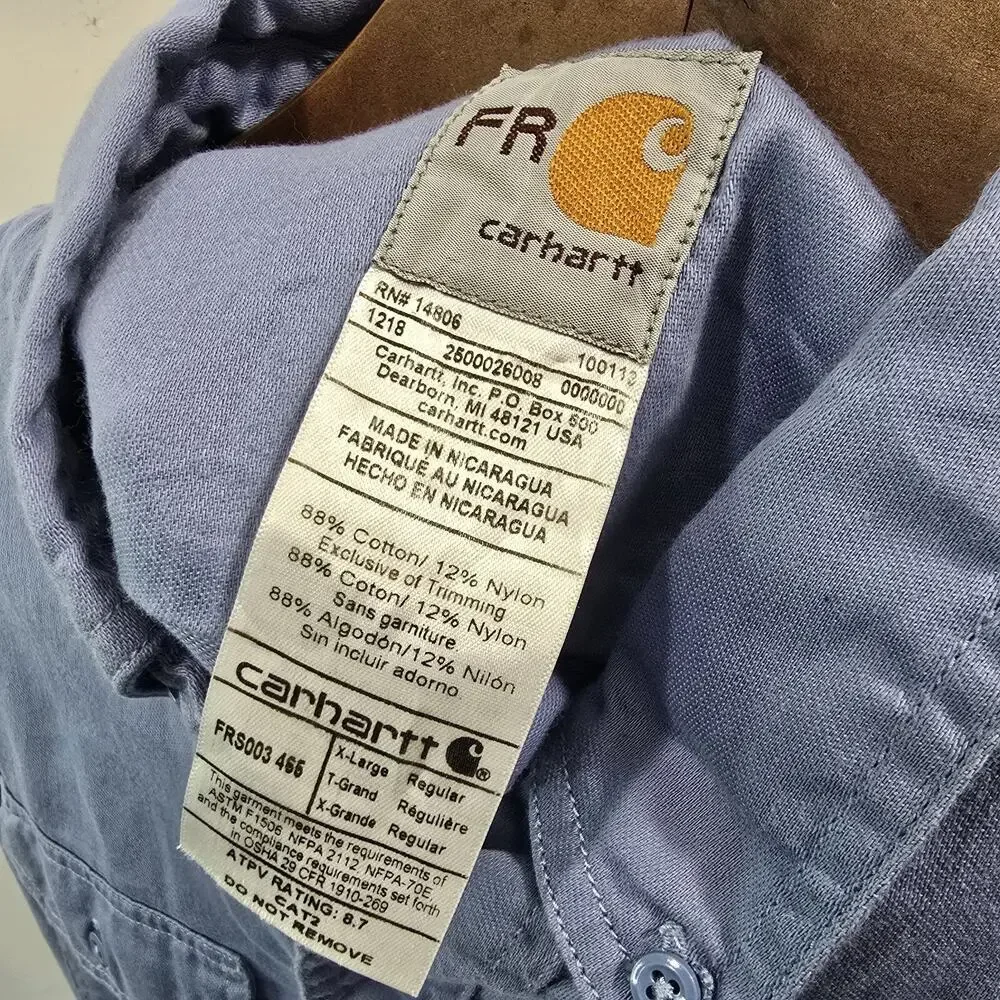 Carhartt Shirt Men Size XL FR Fire Long Sleeve Button Down Blue CAT 2 ATPV 8.7